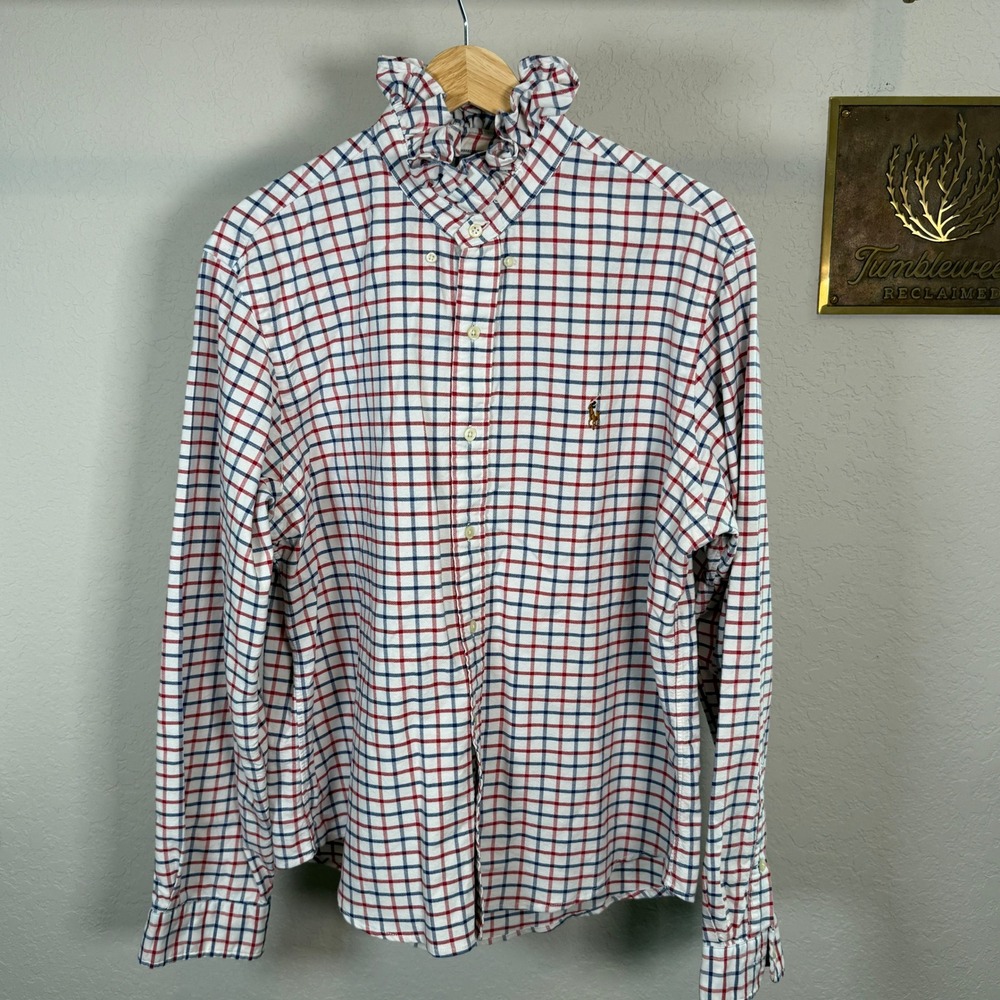 Ralph Lauren Ruffle Collar Tattersall Check American Flag Patch Shirt Womens L - Picture 10 of 10